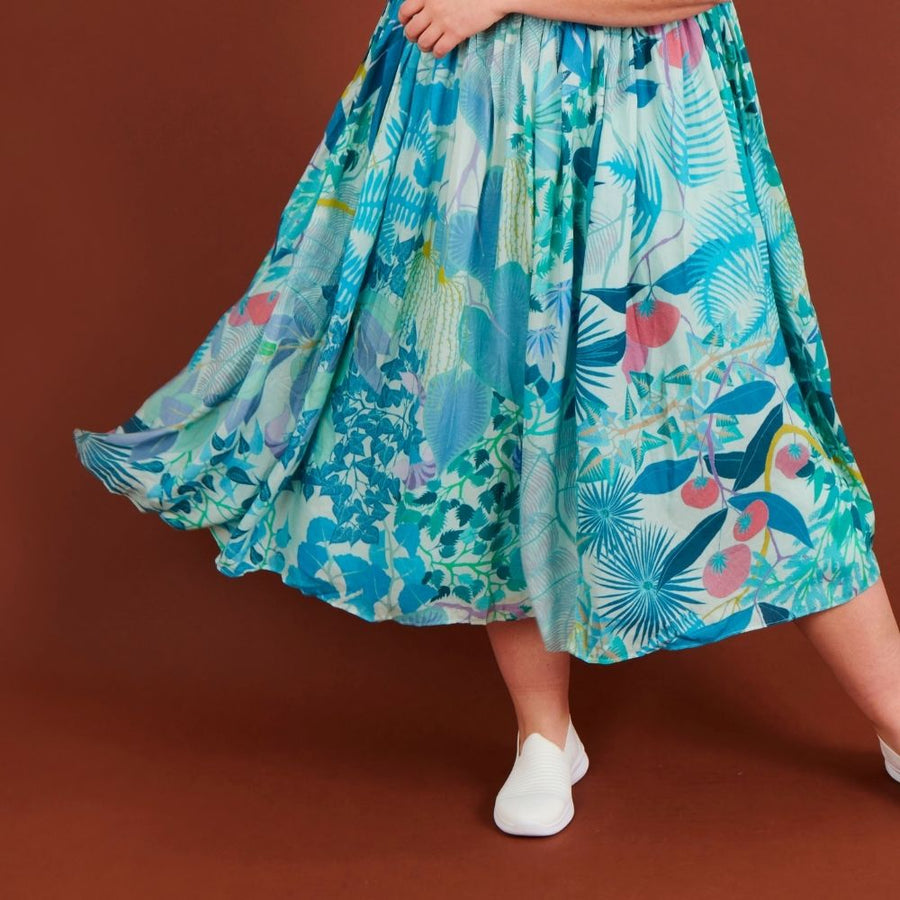 India Blue Tropical Jungle Crop Top and Skirt