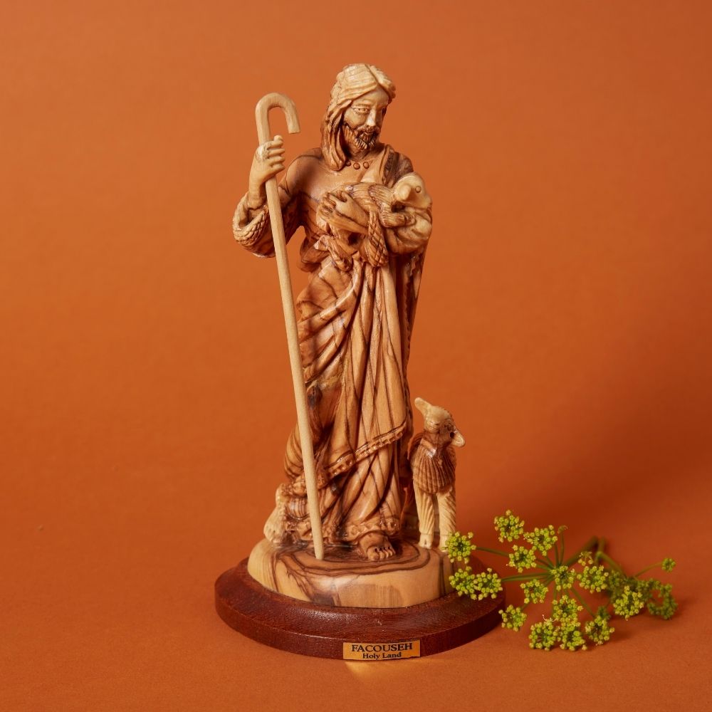 Palestine Medium Hand Carved Olive Wood Good Sheperd Statue