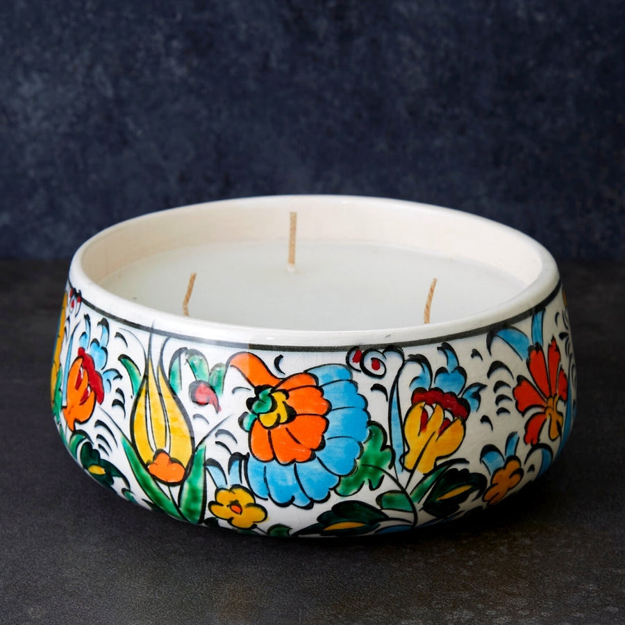 Iraq Large Hand Painted Floral Ceramic Bowl Candle