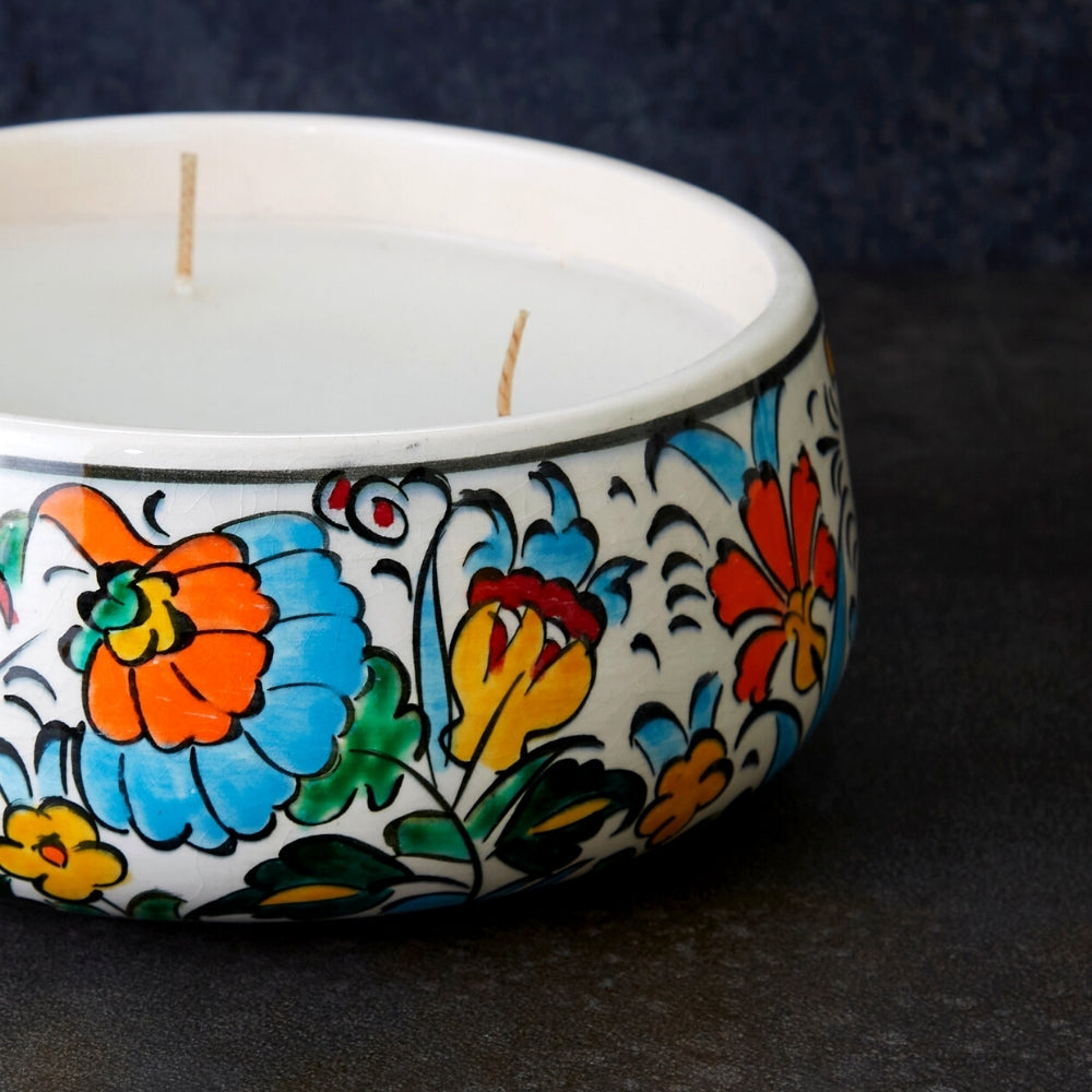 Iraq Large Hand Painted Floral Ceramic Bowl Candle