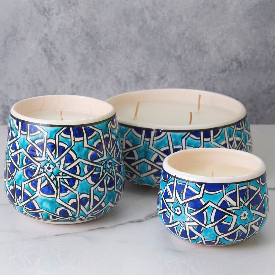 Medium Blue Mosaic Ceramic Bowl Candle