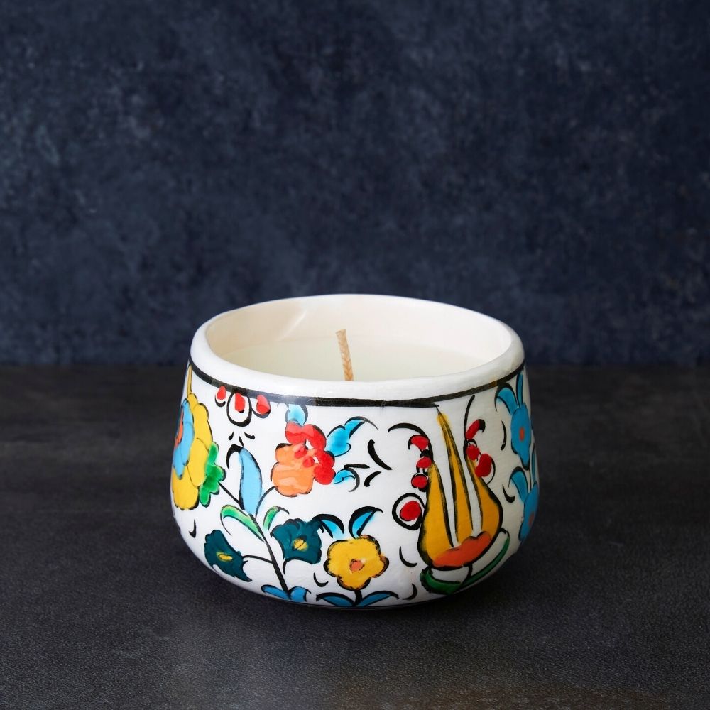 Small Colorful Floral Ceramic Bowl Candle
