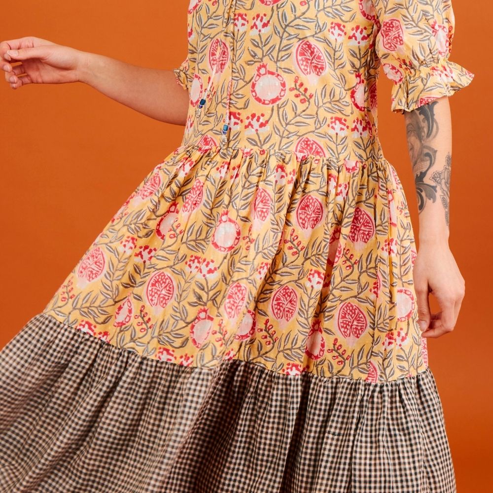 India Pomegranate Print Tiered Midi Dress
