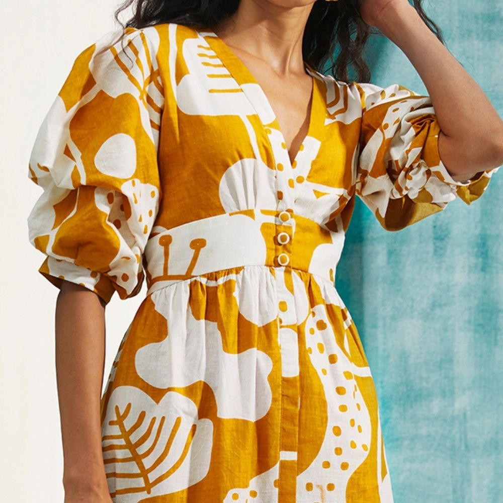 Mustard Bold Print Puff Sleeve Cotton Midi Shirt Dress