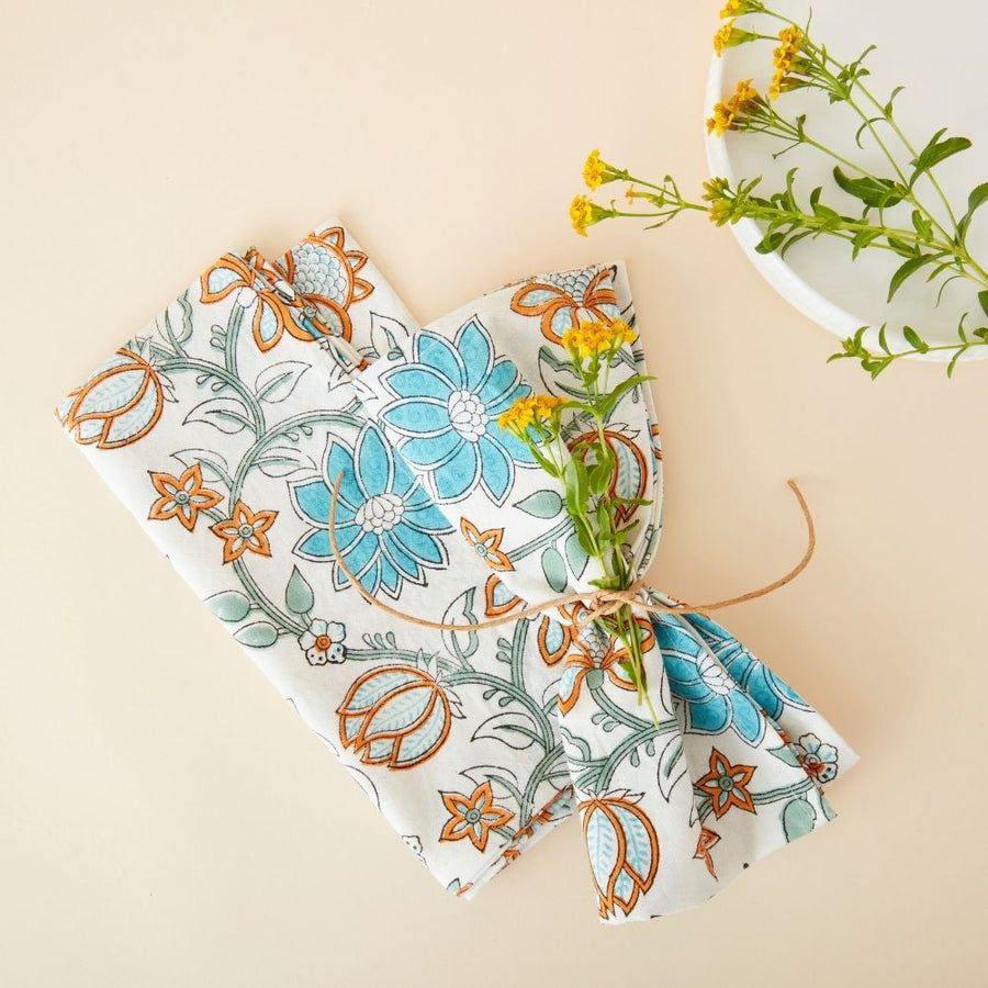 Lotus Vine Block Print Tablecloth Napkin Set