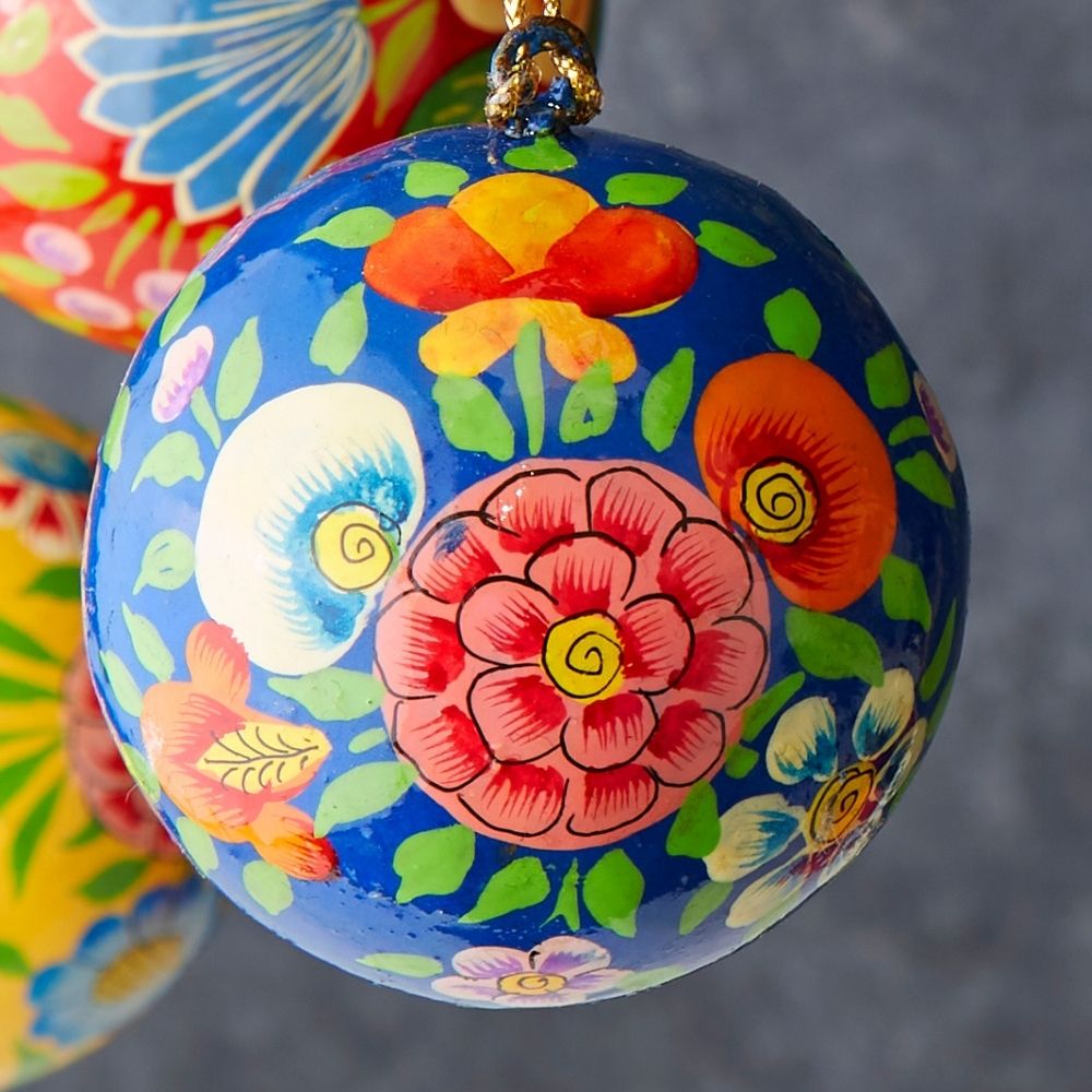 Spring Floral Paper Mache Ball Ornament Set of 3