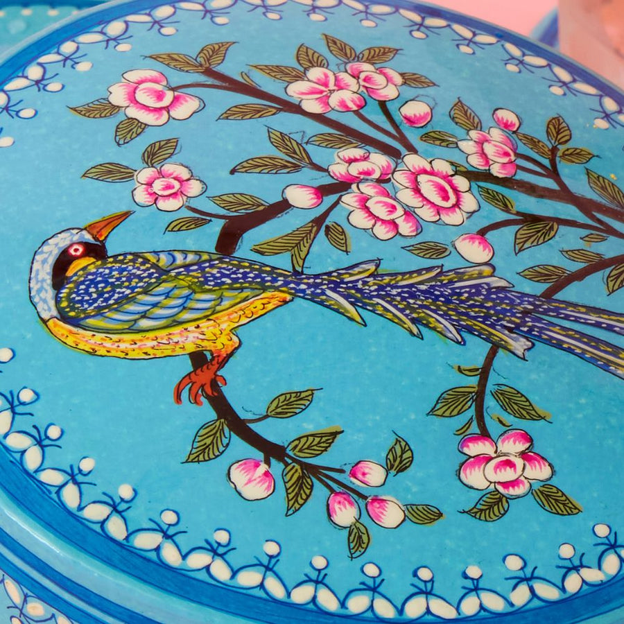 India Kashmiri Hand Painted Spring Floral Turquoise Blue Coaster Set with Box