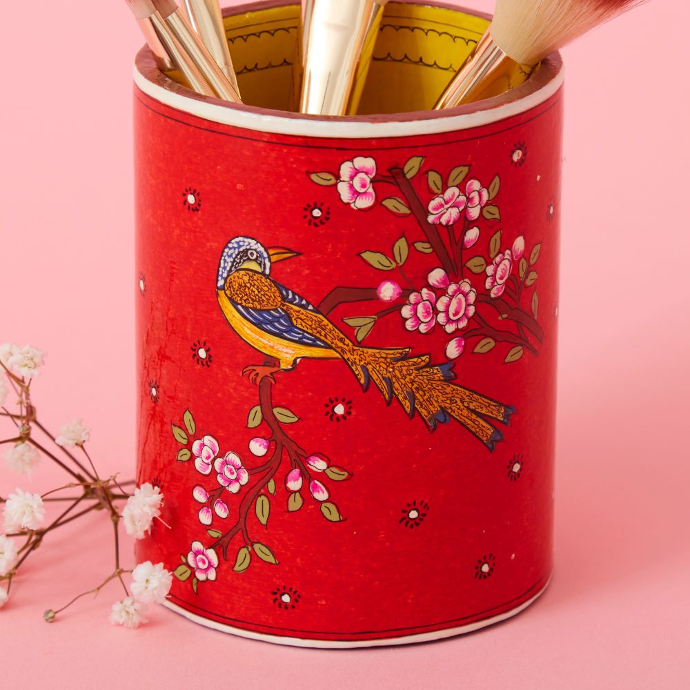 India Kashmiri Hand Painted Spring Floral Red Pen Brush Holder