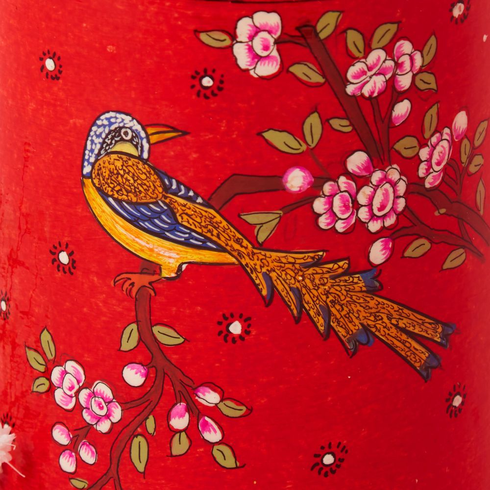 India Kashmiri Hand Painted Spring Floral Red Pen Brush Holder