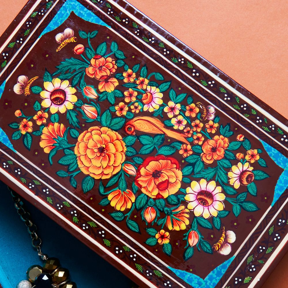 India Kashmiri Hand Painted Fine Floral Luxury Brown Rectangle Gift Jewelry Box