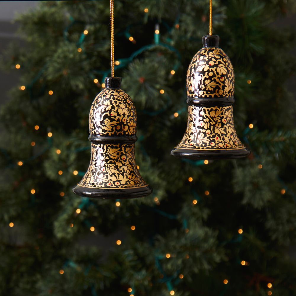 India Hand Painted Black and Gold Kashmir Paper Mache Bell Ornaments