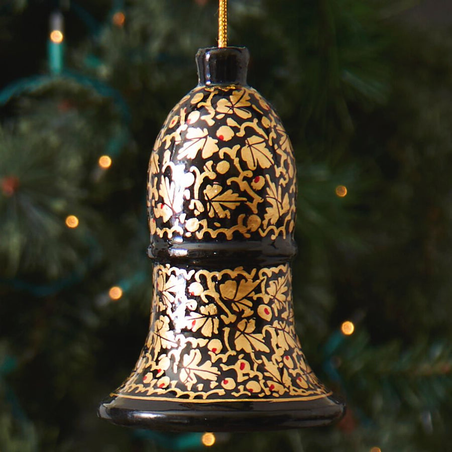India Hand Painted Black and Gold Kashmir Paper Mache Bell Ornaments