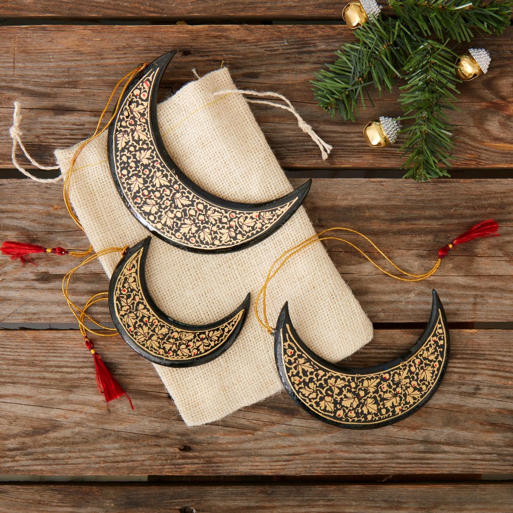 Gold Mistletoe Moon Ornament Set of 3