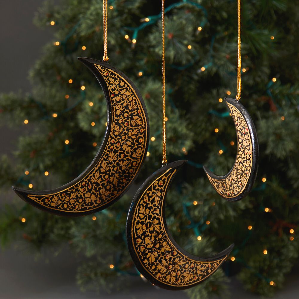 India Hand Painted Black and Gold Kashmir Paper Mache Moon Ornament Set