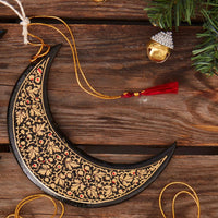 India Hand Painted Black and Gold Kashmir Paper Mache Moon Ornament Set