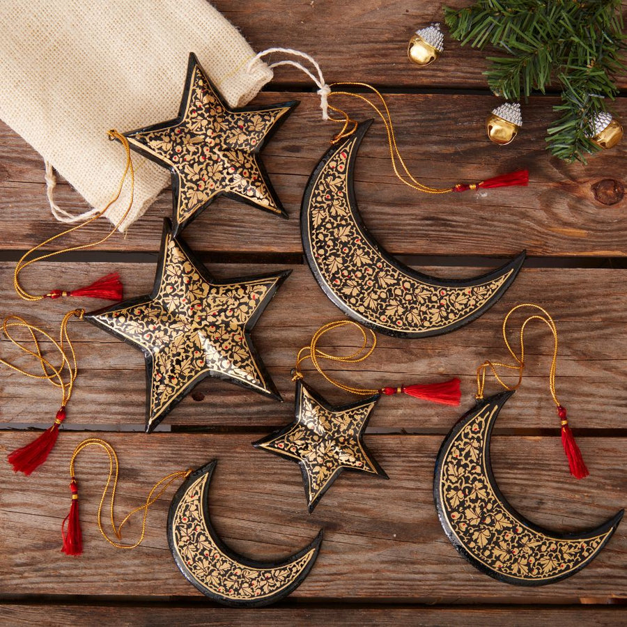 India Hand Painted Black and Gold Kashmir Paper Mache Moon Star Ornament Set