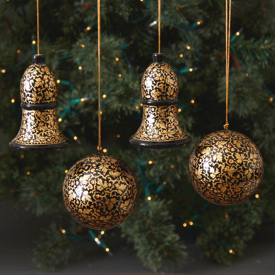 Gold Mistletoe Bells Ornament Set of 4