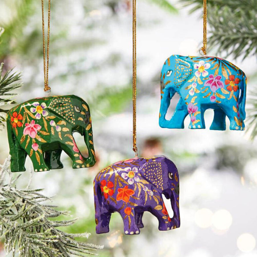 India Kashmiri Hand Painted Paper Mache Elephant Ornament Set of 3