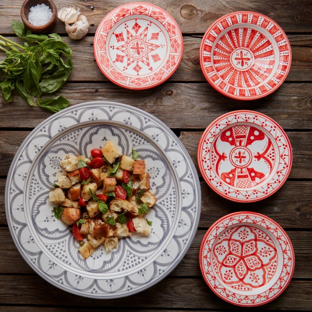 Morocco Gray Hand Painted Arabesque Ceramic Extra Large Wide Serving Bowl Platter and Small Red Plates Set