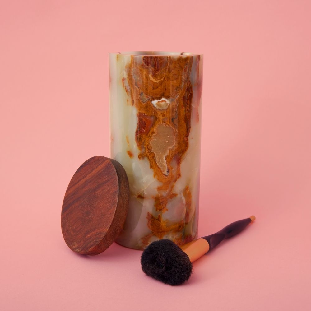 Tall Natural Onyx Stone Wood Canister