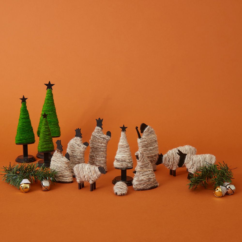 Tabletop Wood & Wool Nativity Scene Set with Holiday Trees