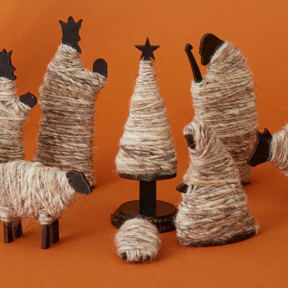 Tabletop Wood & Wool Nativity Scene Set with Holiday Trees