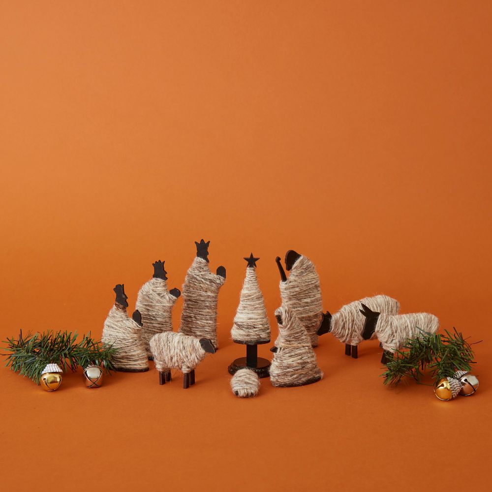 Tabletop Indoor Wood & Wool Nativity Scene Set