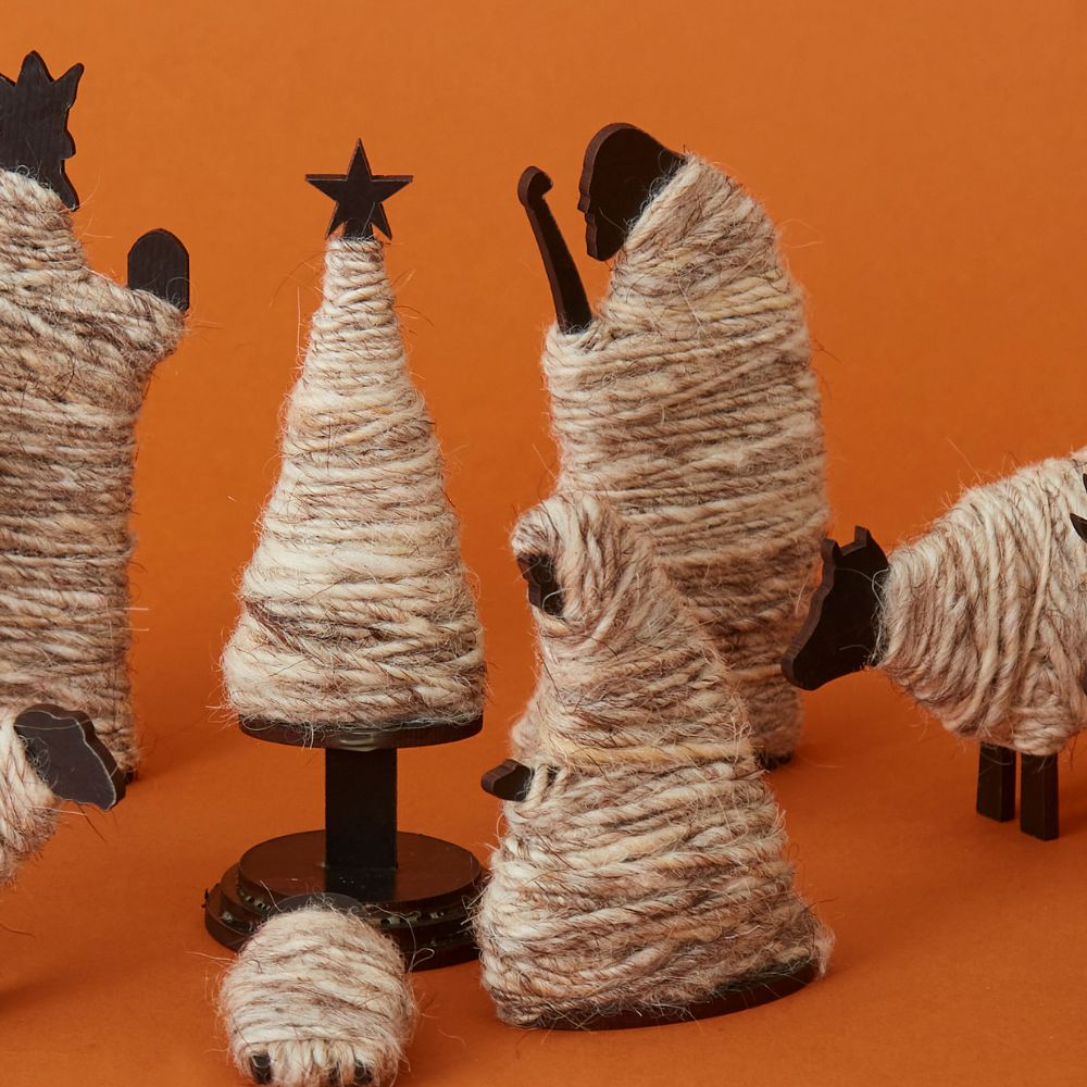 Tabletop Indoor Wood & Wool Nativity Scene Set