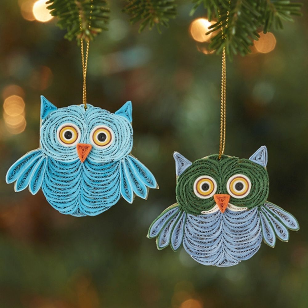 Quilled Paper Christmas Owl Ornament Set of 2