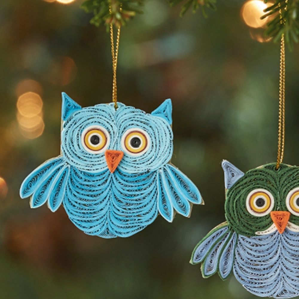 Quilled Paper Christmas Owl Ornament Set of 2