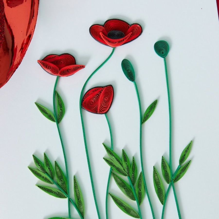 Vietnam Quilled Paper Red California Poppy Flowers Blank Greeting Card