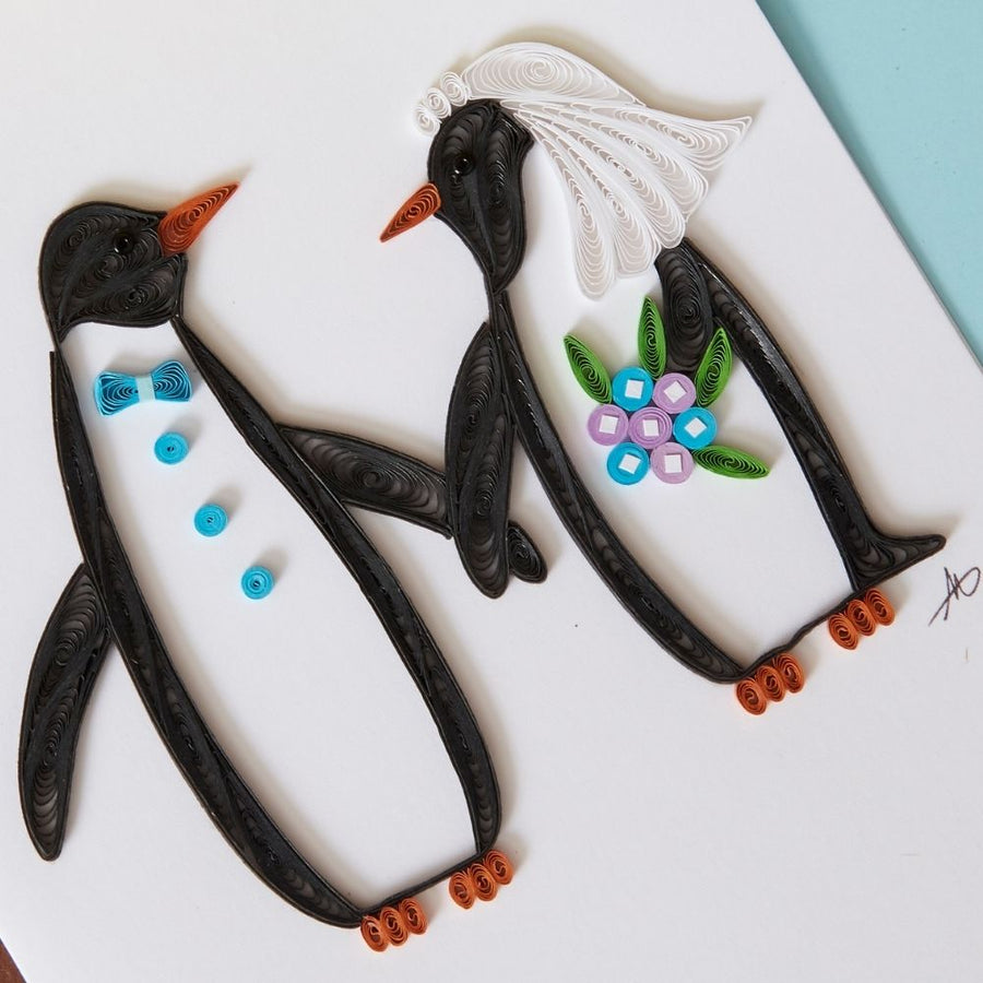 Quilled Paper Penguin Wedding Greeting Card