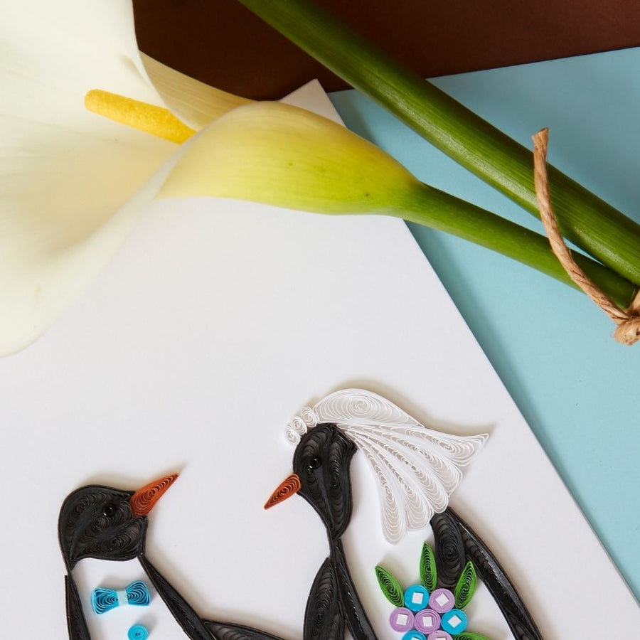 Quilled Paper Penguin Wedding Greeting Card