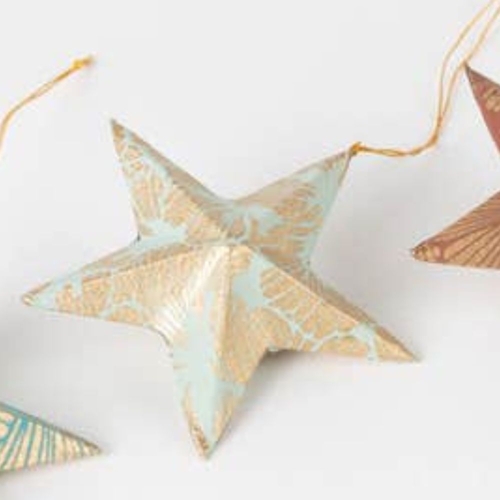 Bangladesh Silk Paper Blue Brown White Gold Print Star Ornament Set of 3