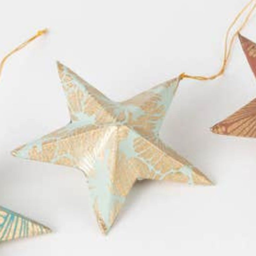 Bangladesh Silk Paper Blue Brown White Gold Print Star Ornament Set of 3