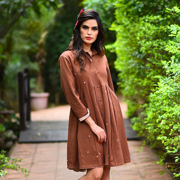 India Brown Embroidered Cotton Khadi Shirt Dress