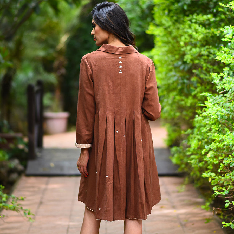 India Brown Embroidered Cotton Khadi Shirt Dress